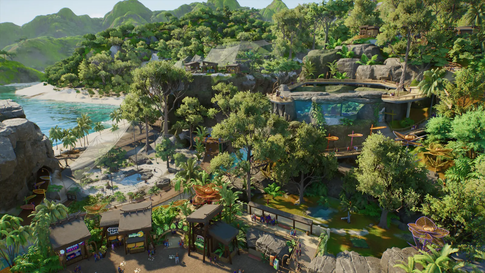 Planet Zoo 2 toucans and rainforest birds in a walk-through aviary