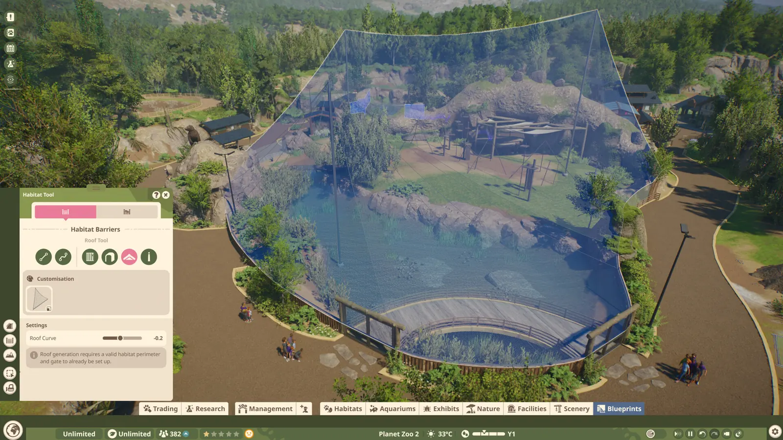 Planet Zoo 2 aviary with a mesh roof over a flying bird habitat