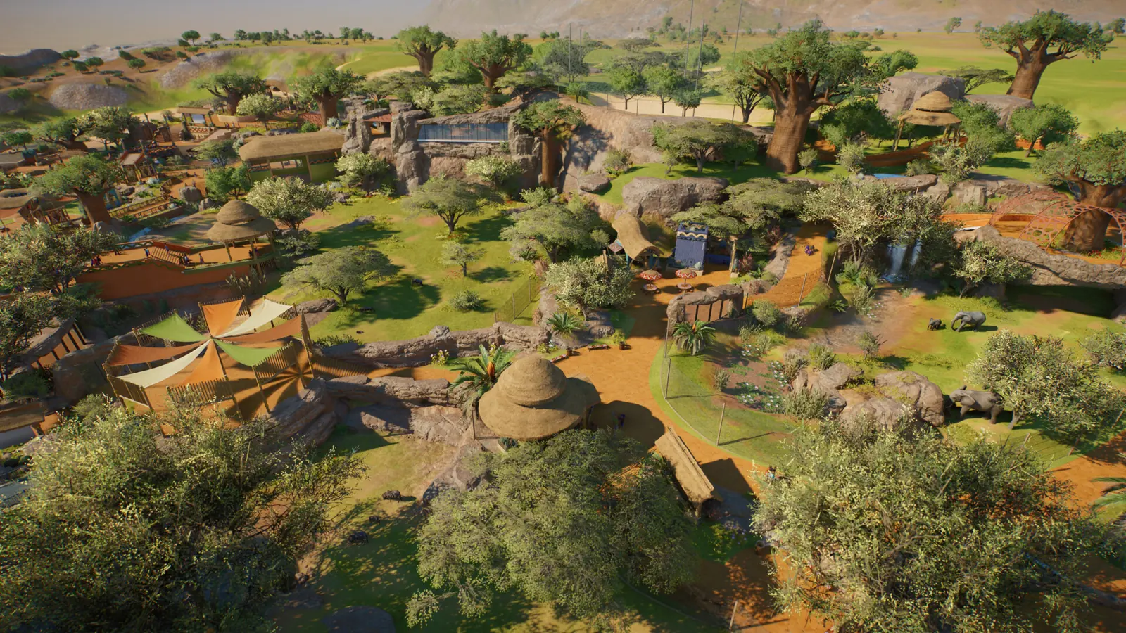 Planet Zoo 2 zoo overview built across a savannah biome