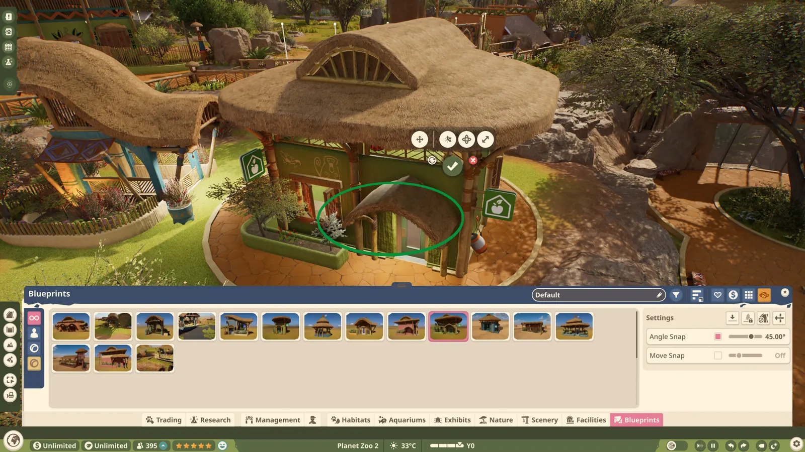 Planet Zoo 2 blueprint with a thatched roof placed from the blueprints panel