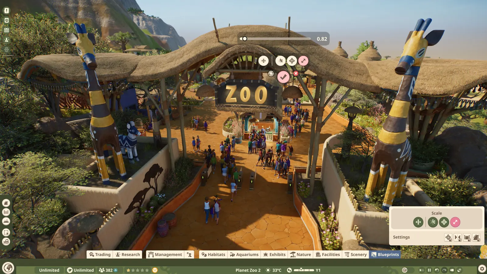 Planet Zoo 2 crowded zoo entrance with many guests on screen